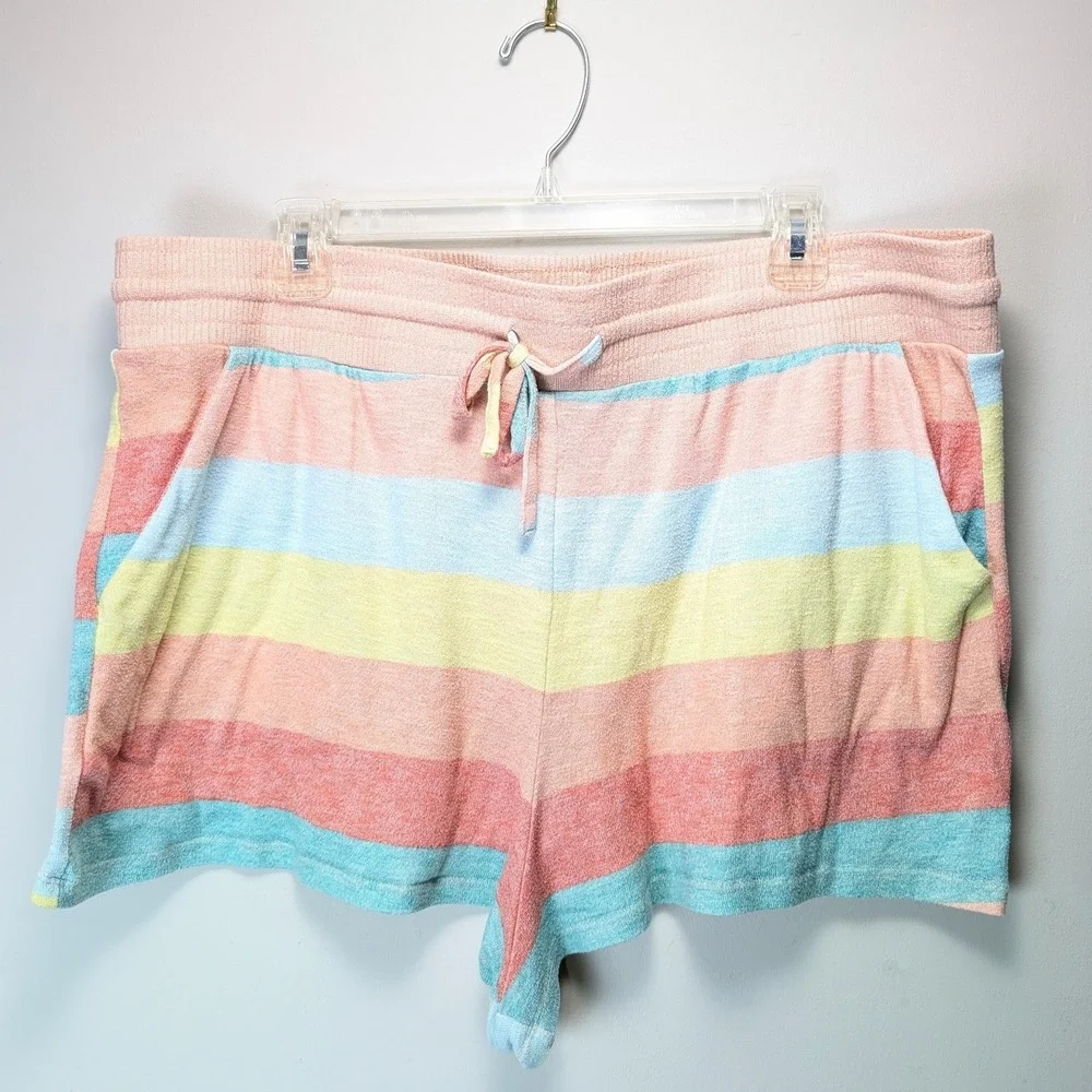 Torrid Sleep Shorts Terry Cloth Rainbow Stripe Pastel Drawstring Pockets Size 2x